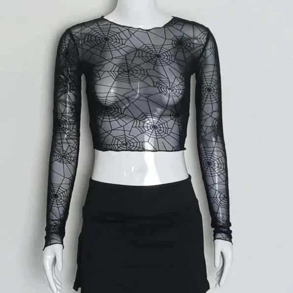 Front view of the Web of Shadows Mesh Top, showcasing the sheer black spiderweb mesh, cropped silhouette, and full-length sleeves.