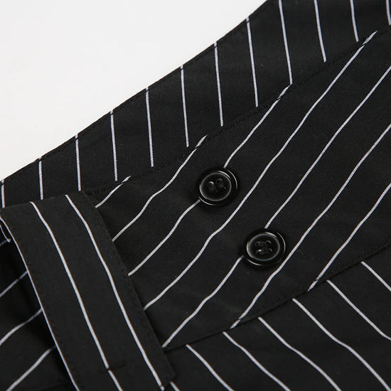 Y2K Business Chic Trousers waistband detail showing black button closure on striped fabric