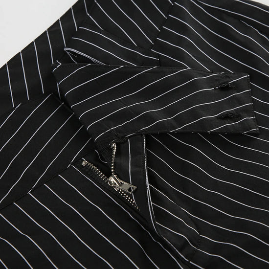 Y2K Business Chic Trousers zipper fly and waistband tab detail with pinstripe pattern