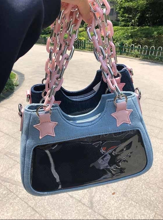 Light and dark blue Y2K Harajuku Star Denim Chain Bags shown together with pink chain handles and clear display panels.