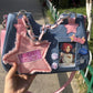 Y2K Harajuku Star Denim Chain Bag in light blue denim customized with a photo card, patches, and a pink star appliqué.