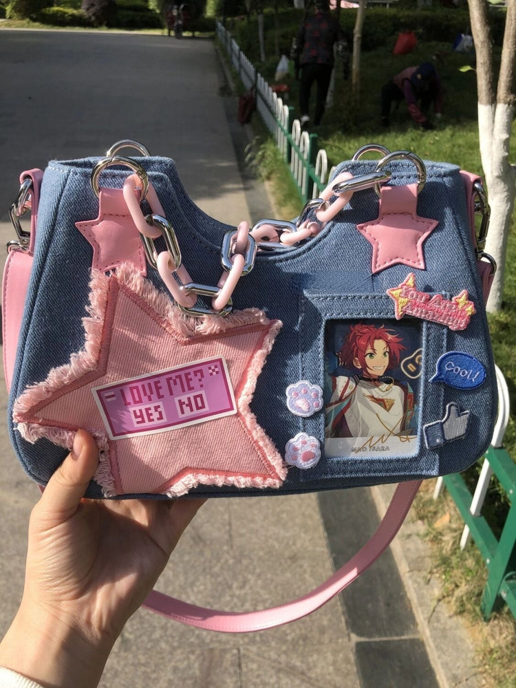 Y2K Harajuku Star Denim Chain Bag in light blue denim customized with a photo card, patches, and a pink star appliqué.
