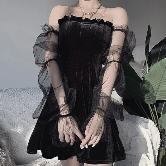 Gothic Sheer Sleeve Pleated Dress