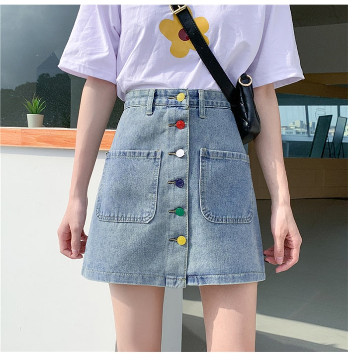 Colorful Button Denim Skirt