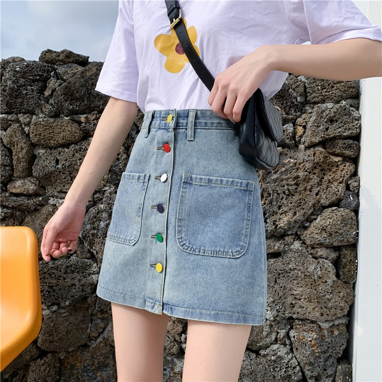 Colorful Button Denim Skirt