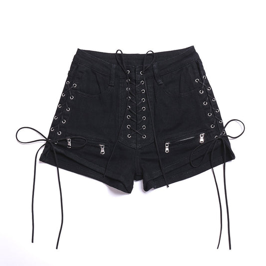 High Waist Lace-Up Zipper Shorts