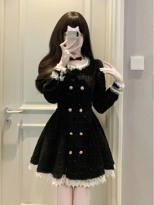 Lace Trim Double-Breasted Coat Dress