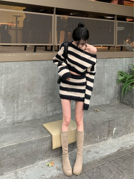 Striped Fuzzy Two-Piece Sweater Set