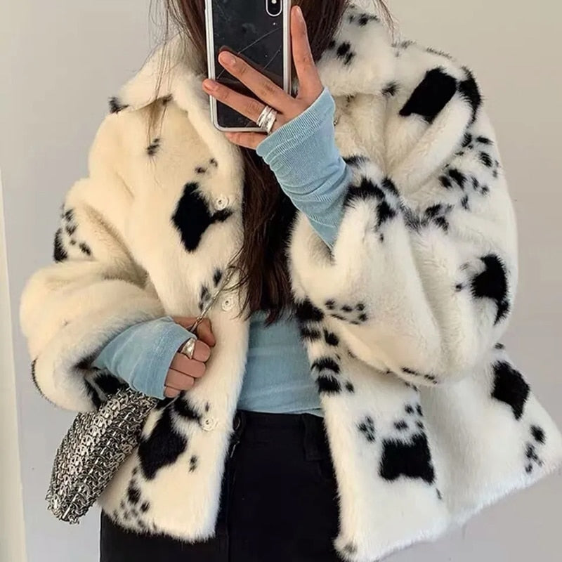 Cow print clearance faux fur coat