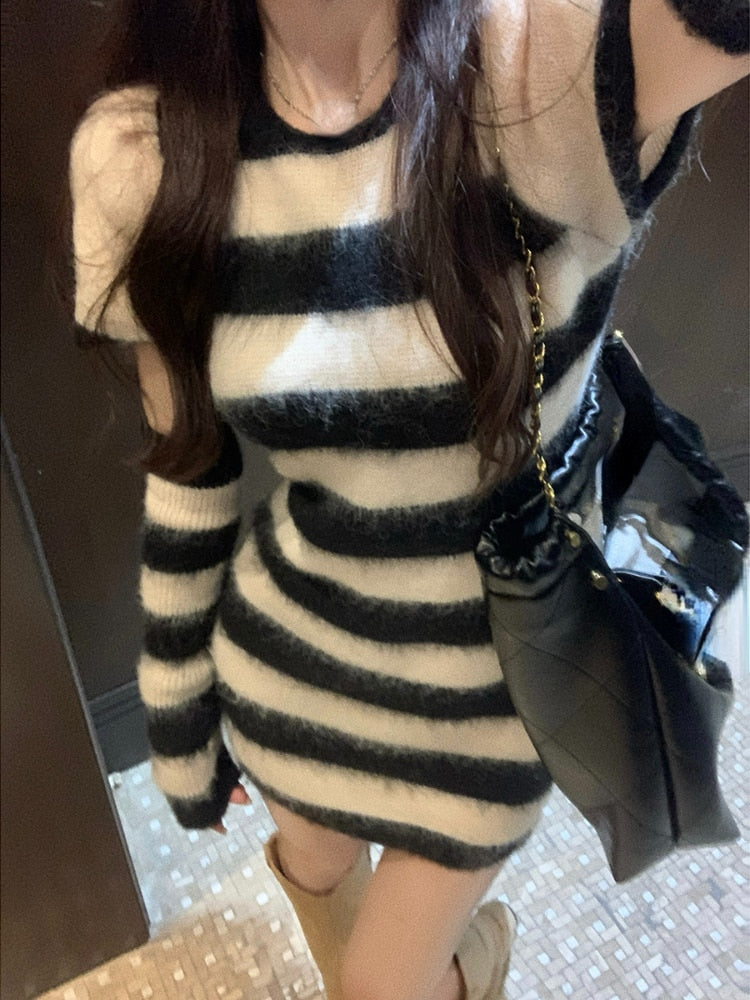 Fuzzy Striped Sweater Dress with Sleeves