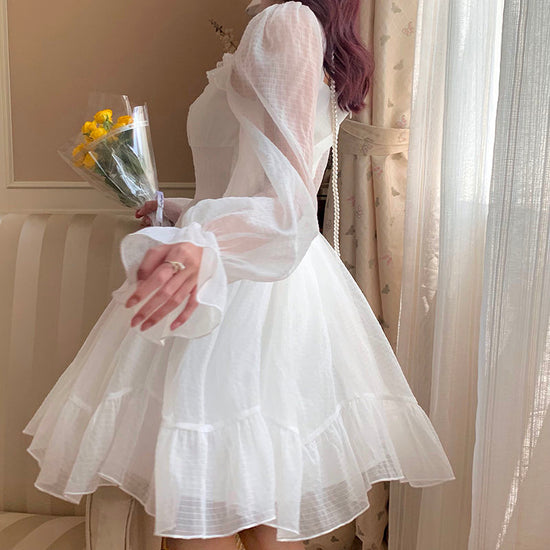 Side profile of Cloudlight Fairy Dress highlighting puff sleeves and chiffon fabric