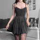 Model wearing Dark Fairy Tulle Dress front view indoors with layered dark gray tulle and V-neck bodice