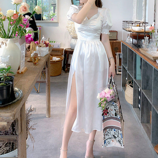 Sweet Elegance Puff Sleeve Split Dress