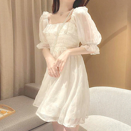 Puff Sleeve Embroidered Shirred Dress