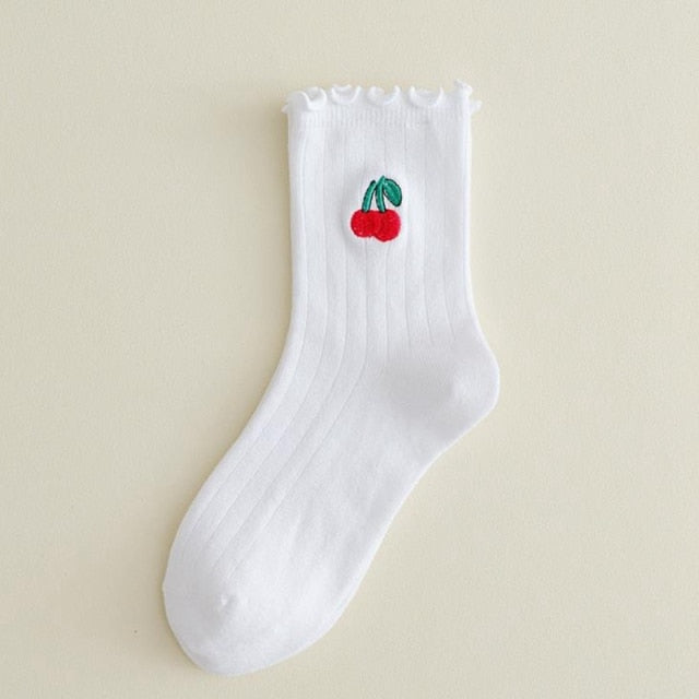 Kawaii Embroidered Fruit Ruffled Socks