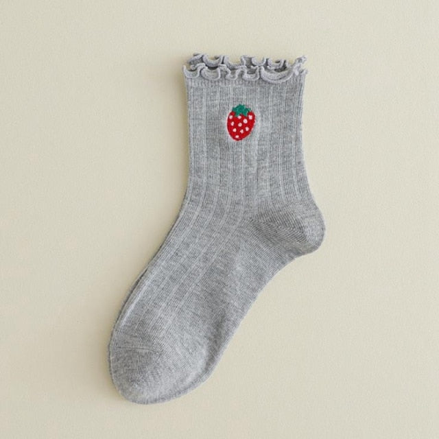 Kawaii Embroidered Fruit Ruffled Socks