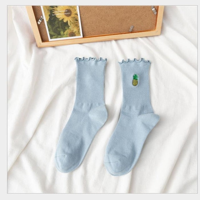 Kawaii Embroidered Fruit Ruffled Socks