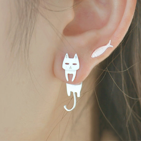 Cat and Fish Stud Earrings