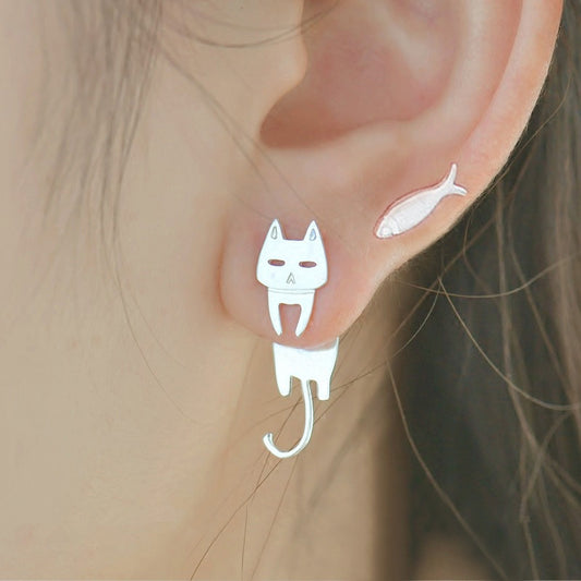 Cat and Fish Stud Earrings