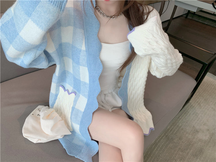 Patchwork Plaid Knitted Cardigan