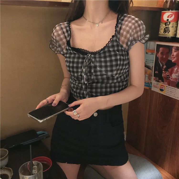 Sheer Sleeve Plaid Crop Top