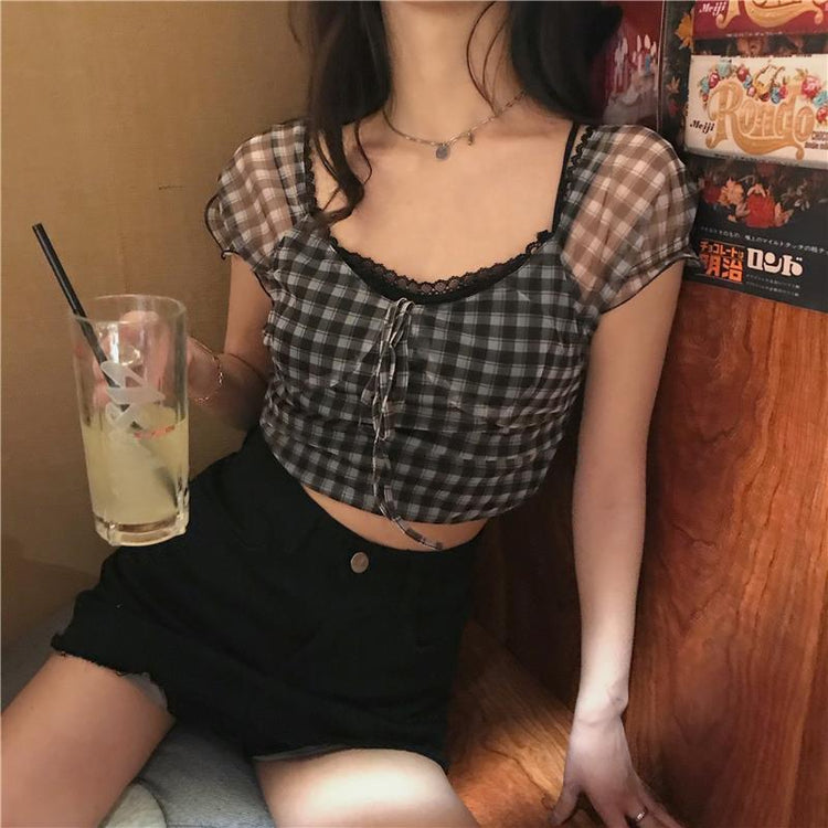 Sheer Sleeve Plaid Crop Top