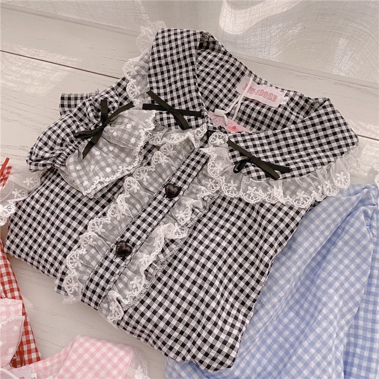 Kawaii Lace Ruffles Bow Collar Gingham Long Sleeve Blouse