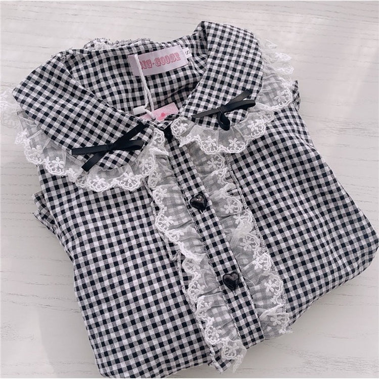 Kawaii Lace Ruffles Bow Collar Gingham Long Sleeve Blouse